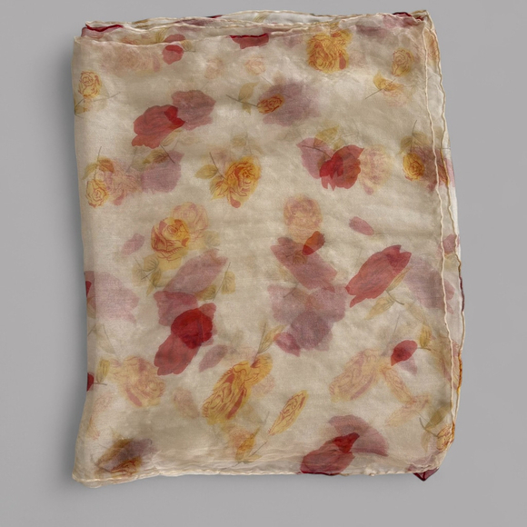 1950s Sheer Silk Floral Scarf Cream Red Yellow Rose - Picture 3 of 10